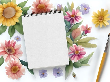 Top view of blank notepad with flowers and pen on white background. AI Generated.の素材