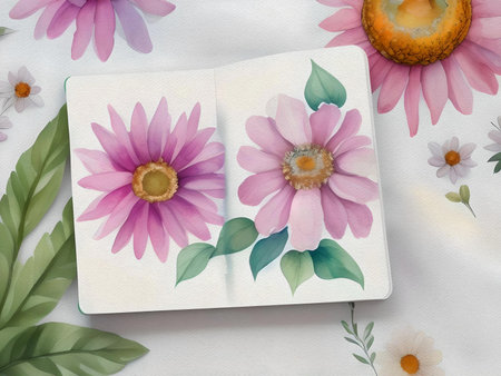 flowers and notebook on a white background, AI Generated.の素材