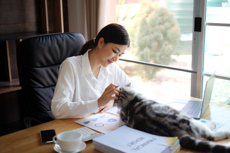 Beautiful business woman working with laptop computer in modern office room.の写真素材