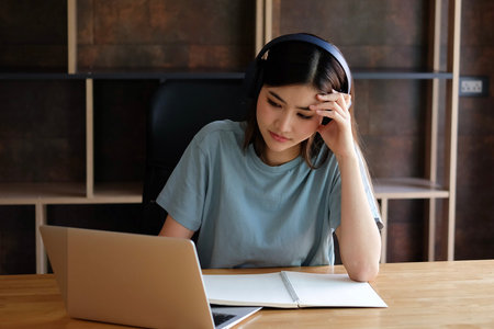 Beautiful asian woman using laptop and listening to music with headphones.の写真素材