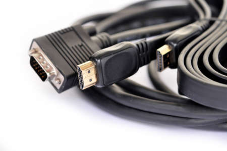 Coiled black USB cable isolated over white backgroundの写真素材