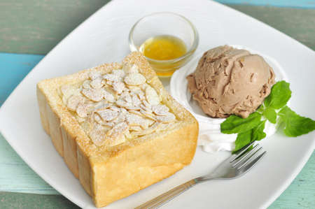 chocolate icecream on buttered toastの写真素材