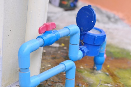 Water valve connects to PVC pipe.の写真素材