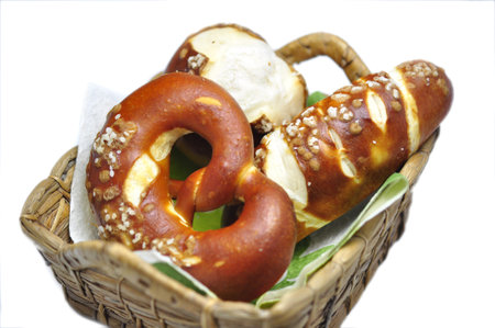 detail of some german lye rolls and bread roll