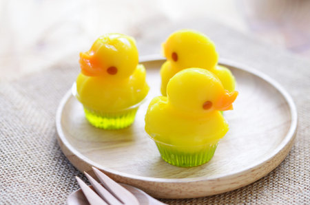 mango and orange duck jelly in green jellyの写真素材