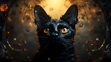 Black cat with orange eyes in a dark room, 3d renderingの素材