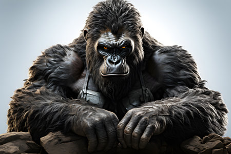 Gorilla sitting on a rock with a camera in his handの素材