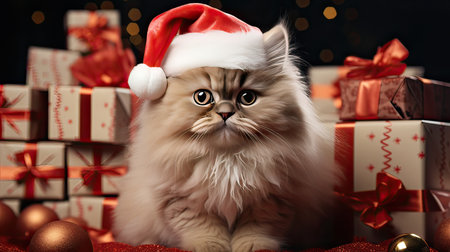 Happy lovely cat with gift box Christmas  on Chrismas tree background.  Generative AIの素材