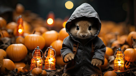 lovely bunny holding Haloween pumkin isolated on white background.の素材