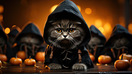 lovely cat holding Haloween pumkin isolated on white background.  Generative AIの素材