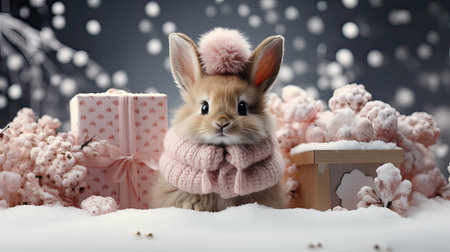 Happy lovely bunny with gift box Christmas  on Chrismas tree background.  Generative AIの素材