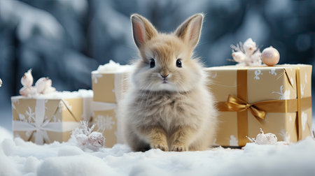 Happy lovely bunny with gift box Christmas  on Chrismas tree background.  Generative AIの素材