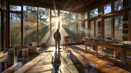 3d rendering of an artist in his studio with sunbeamsの素材
