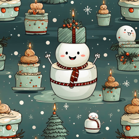 pattern from Christmas concept wiht cake gift box snowman and Christmas tree, generative aiの素材