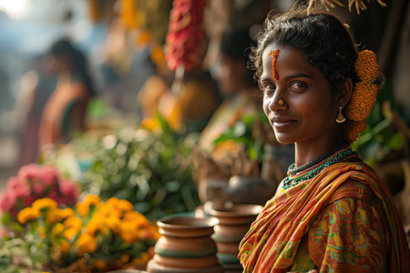 Beautiful indian woman in traditional clothes at the flower market.の素材