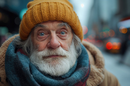 Portrait of senior man with white beard in yellow hat and scarf on city street Generative AIの素材