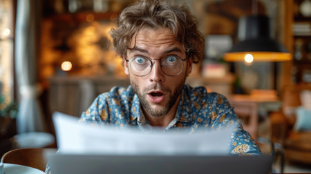 Surprised man in eyeglasses looking at laptop screen while sitting in cafeの素材