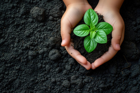 child hands holding a sprout of a plantの素材
