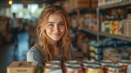 Portrait of smiling young woman buying canned food in grocery store. Generative AIの素材
