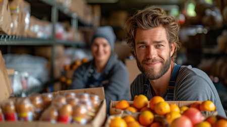 Portrait of a smiling male worker in apron holding box with oranges in fruit warehouse Generative AIの素材