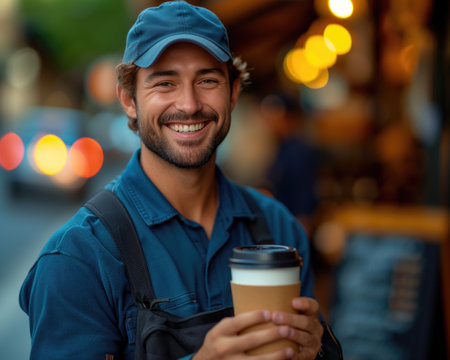 Portrait of a smiling delivery man holding takeaway coffee cup and looking at camera Generative AIの素材