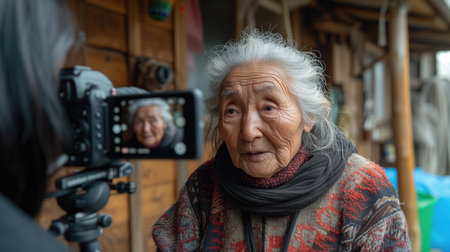 Asian senior woman taking a photo of herself with a camera in the village. Generatvie AIの素材