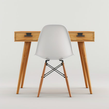 Wooden desk and chair on white background. 3d rendering. Generative aiの素材