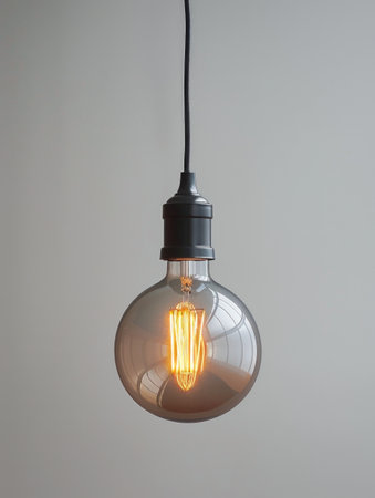 Incandescent light bulb hanging on a grey wall with copy space Generative aiの素材