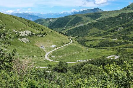 Col de la Madeleine, France - 11 july 2012 - Beautiful view to the north of the mountain pass  Col de la Madeleine is a high mountain pass in the Alps in the department of Savoie in France which connects La Chambre with Aigueblancheのeditorial素材