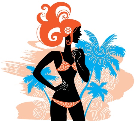 Summer background with womans silhouetteのイラスト素材