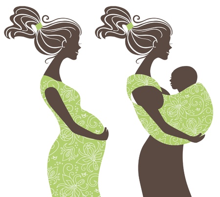 	Beautiful women silhouettes  Pregnant woman and mother with baby in a slingのイラスト素材