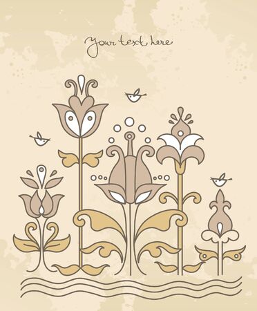 Cartoon background with flowers and bird のイラスト素材