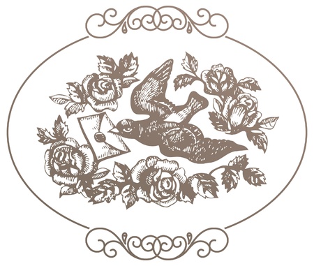 Bird with love letter and flowersのイラスト素材