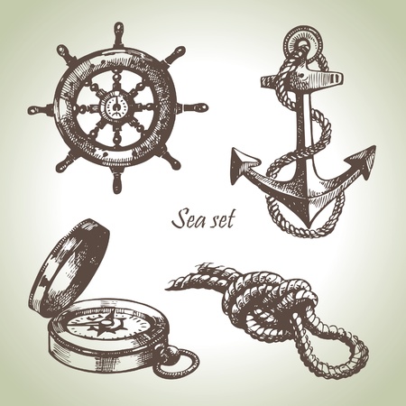 Sea set of nautical design elements. Hand drawn illustrationsのイラスト素材