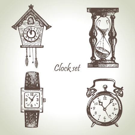 Hand drawn set of clocks and watches のイラスト素材