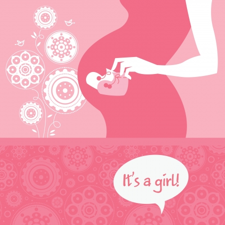 Silhouette pregnant mother with baby's bootees. Newborn baby greeting cardのイラスト素材