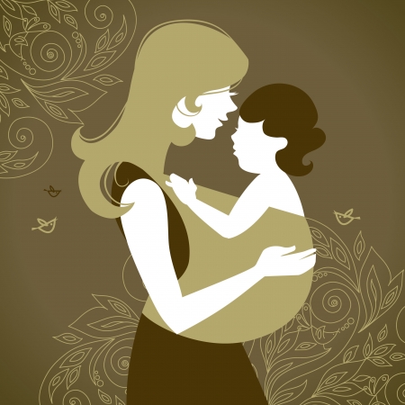 Beautiful mother silhouette with baby in a sling のイラスト素材