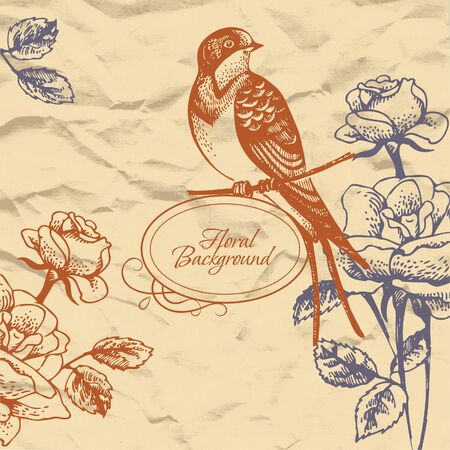 Retro floral background with birdのイラスト素材