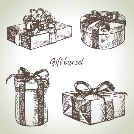Set of gift boxes. Hand drawn illustrationのイラスト素材