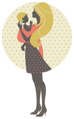 Beautiful mother silhouette with baby in a sling, retro illustration のイラスト素材