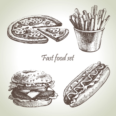 Fast food set. Hand drawn illustrationsのイラスト素材