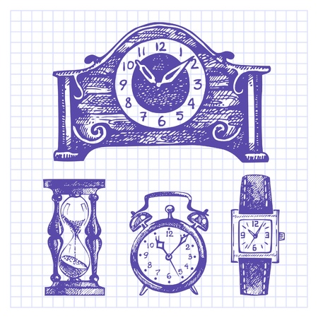 Hand drawn set of clocks and watches のイラスト素材