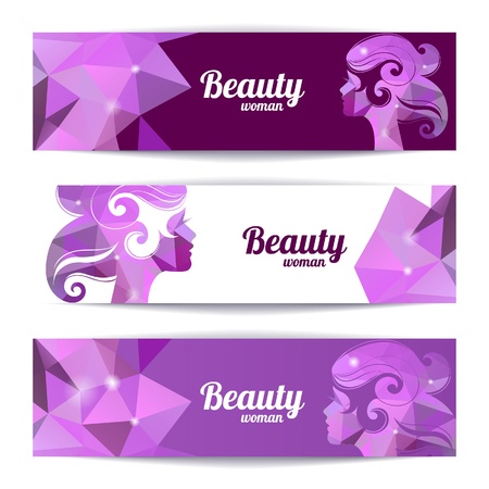 Banners with woman silhouette and triangle pattern. Template design cards