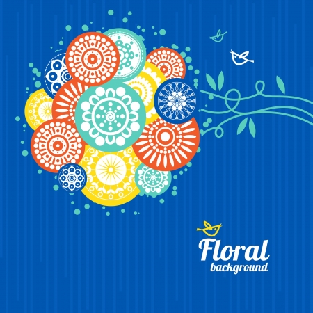 Floral background with cartoon birdsのイラスト素材
