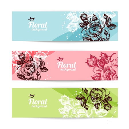 Banners with floral background. Hand drawn illustration of rosesのイラスト素材