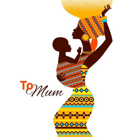 Beautiful silhouette of black african mother and baby in retro style  Cards of Happy Motherのイラスト素材