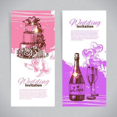 Wedding invitations. Banner set of vintage hand drawn wedding backgroundsのイラスト素材