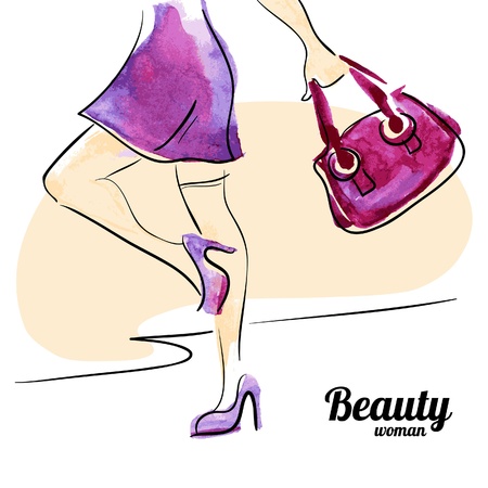 Watercolor shopping woman design. Vintage background with beautiful girl silhouette.のイラスト素材