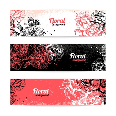 Banners with floral background  Hand drawn illustration of rosesのイラスト素材