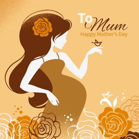 Vintage background with silhouette of beautiful pregnant woman  Cards of Happy Motherのイラスト素材